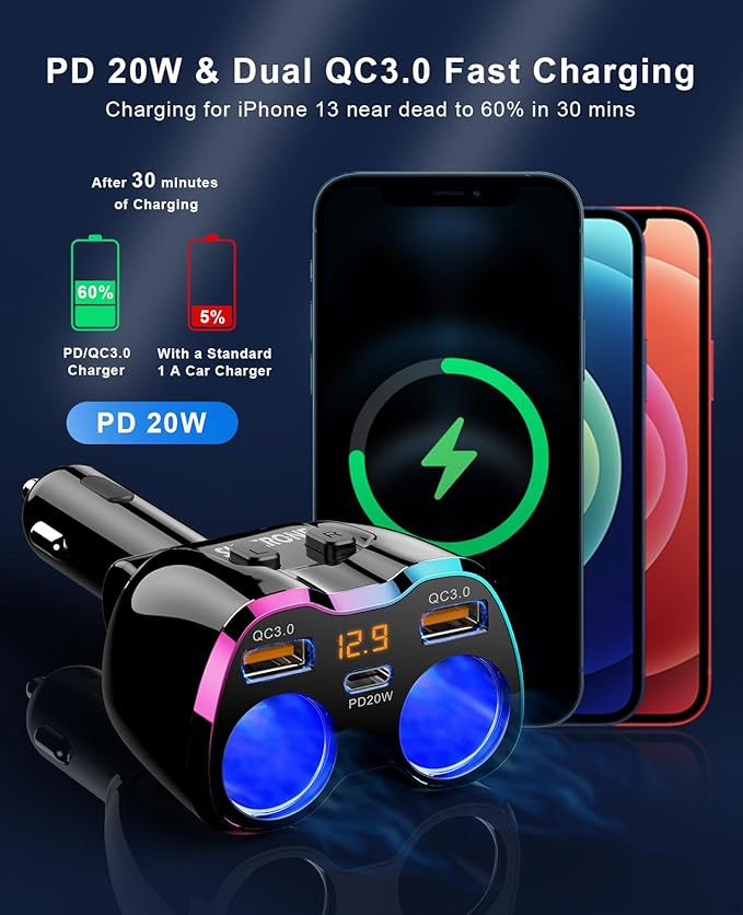 2025 Upgraded Cigarette Lighter Splitter, SUPERONE 180W 2-Socket Cigarette Lighter Adapter with Dual QC3.0 and 20W PD USB C Car Charger Splitter for GPS/Dash Cam/Laptop/iPad/iPhone 17/16/15/14/13/12