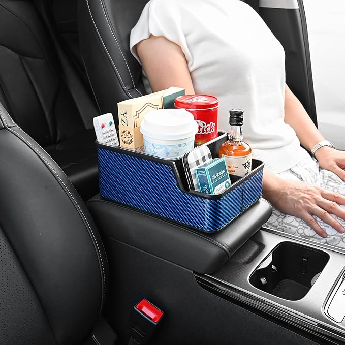 Car Front Seat Organizer with Compartment,Center Console Armrest Storage Box,Car Seat Cup Holder Tray,Back Seat Small Caddy,Car Organizer and Storage with Non-Slip Pat,fit for Truck,SUV,Van (Blue)
