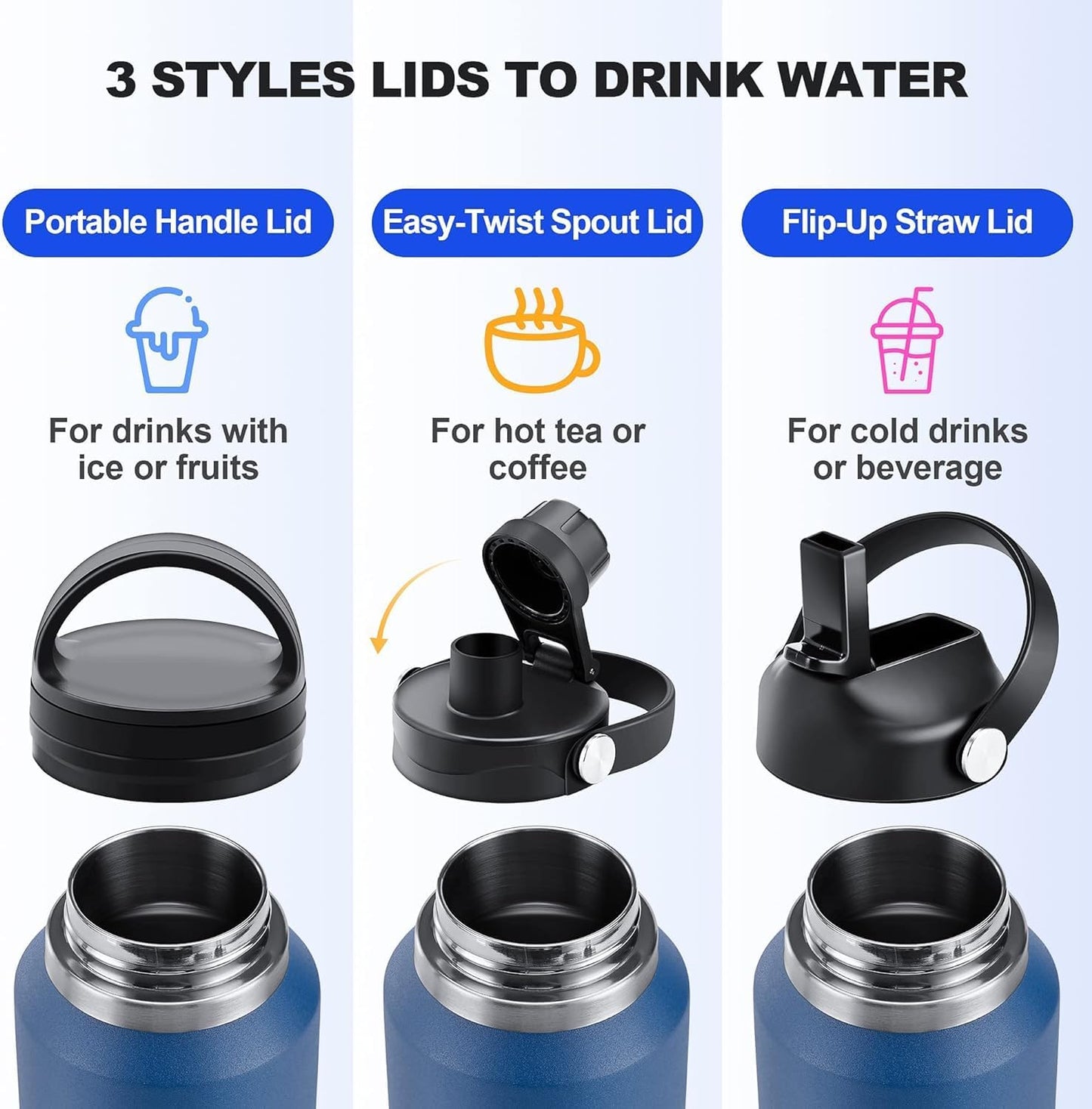 SENDESTAR 40oz Stainless Steel Water Bottle(Cold for 48 Hrs, Hot for 24 Hrs),Double Wall Vacuum Insulated Bottle with Straw Lid, Spout Lid and Flex Cap, Fit in Any Car Cup Holder，Navy