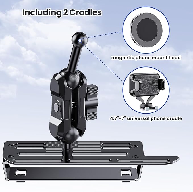 Stainless Steel Phone Mount for 2019+ Ram 1500/2500/3500/TRX, Magnetic & Clamp Dual Heads, All-Metal Shakeproof Unique America Flag Design OEM Screw Hole Dash Mount Install Super Stable