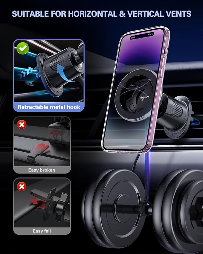 for Magsafe Vent Mount [Horizontal/Vertical]: Ultra Strong Magnetic Car Phone Holder, Circle Magnet Air Vent Stand for Mag Safe Phone Grip, iPhone 16 15 14 Pro Max Samsung Cellphone Case, Ring Holder