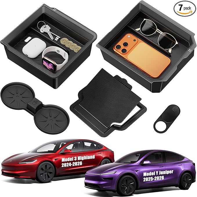 XINTUO Center Console Organizer Tray for Tesla Model Y Juniper 2025-2026 & Model 3 Highland 2024-2026 [Premium PC + Silent Silicone Liner] Cup Holder for Tesla Model Y Juniper Accessories