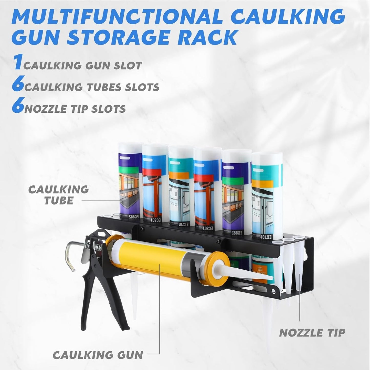 Hicarer Caulking Tube and Gun Holder Caulking Gun Storage Rack with Horizontally Base Sealant Organizer for Garage and Workspace Wall Mounted Tubes and Nozzle(1 Pack)