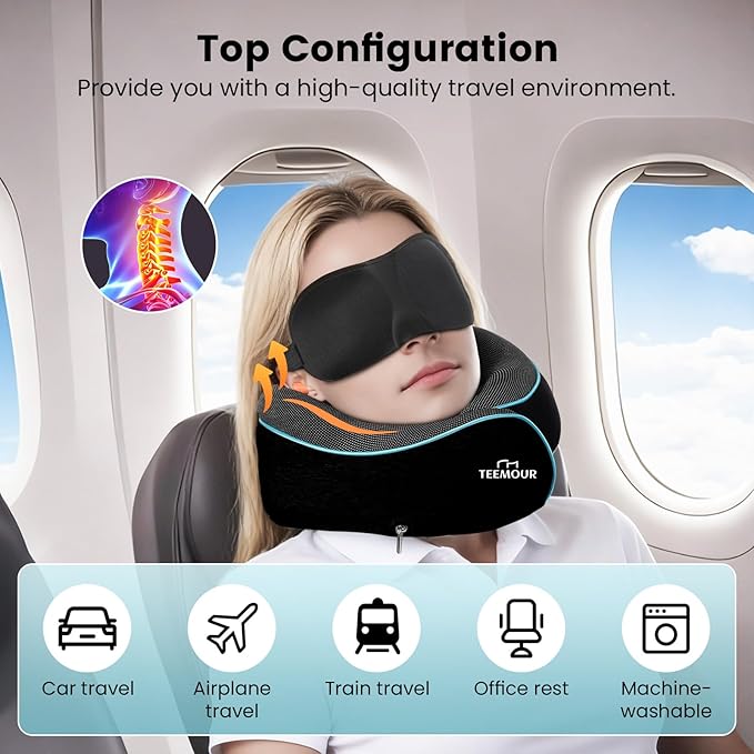 Travel Pillow Neck Pillow for Airplane Travel Essentials - Memory Foam Travel Neck Pillow, Stops Head Bobbing With Eye Mask & Earplugs, Portable Carry Bag for Long Flights| Airplane Accessories Black