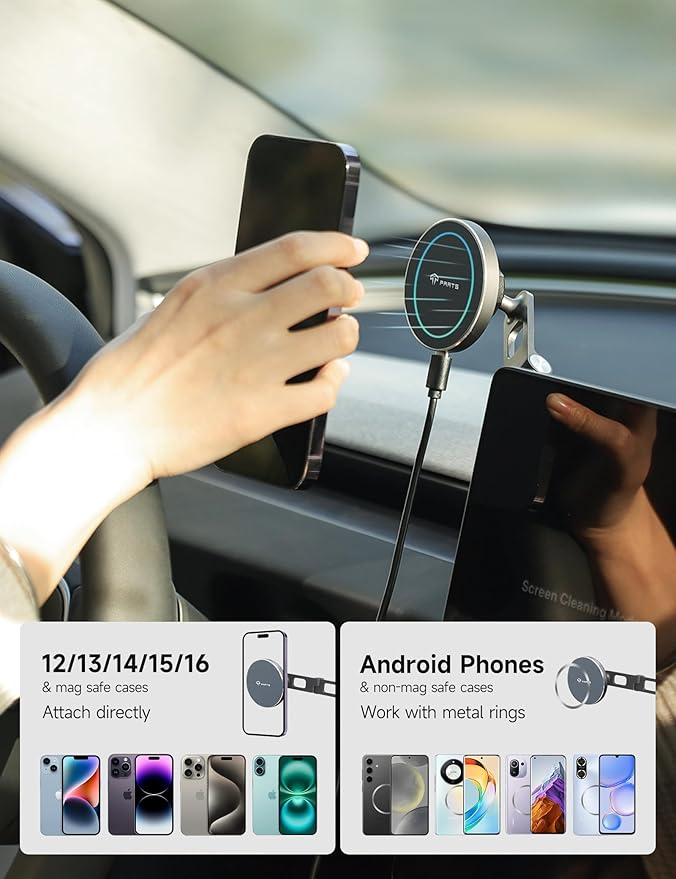 TPARTS Foldable Magnetic Phone Holder Car Mount for Tesla 3/Y/X/S, Wireless Charging Cellphone Mount Compatible with iPhone 12/13/14/15/16 and Other Series Phones with Metal Ring