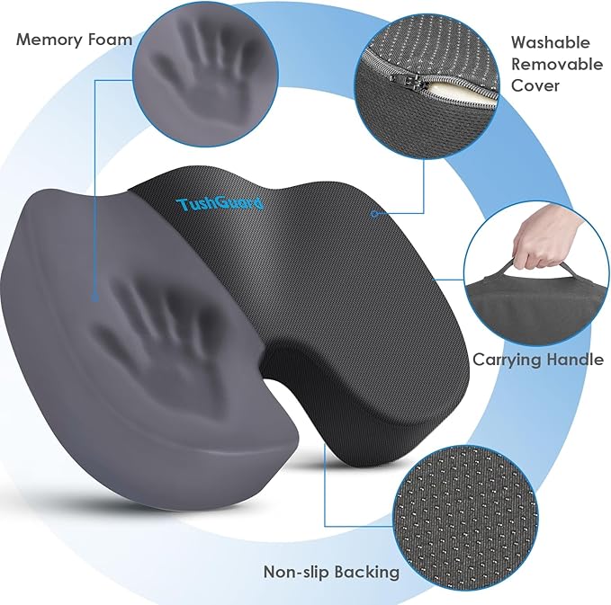 TushGuard Seat Cushion for Office Chair Memory Foam Non-Slip Cushion Back, Coccyx, Sciatica, Tailbone Pain Relief Butt Pillow for Office Chair, Car, Wheelchair, Grey, XX-Large