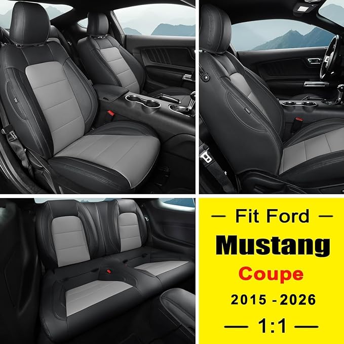 GIANT PANDA Customized Full Set Car Seat Covers Fit Ford Mustang Coupe Hardtop 2015 2016 2017 2018 2019 2020 2021 2022 2023 2024 2025 2026- (Black+Grey)