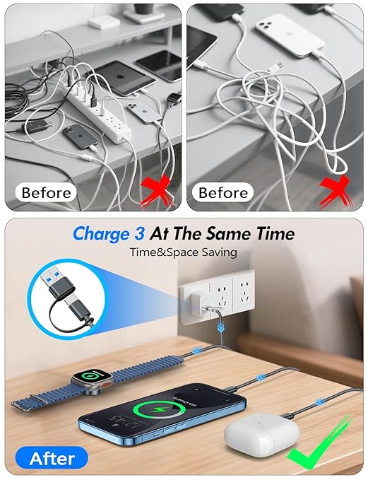 Travel Essentials for Apple Watch Charger,iPhone Charger,3 in 2 Type C/L/Magnetic Fast Charging Cable,Multi Charging Cable Portable Designed for iWatch Series,iPhone 17-11,Galaxy S26-S21,Car-4FT