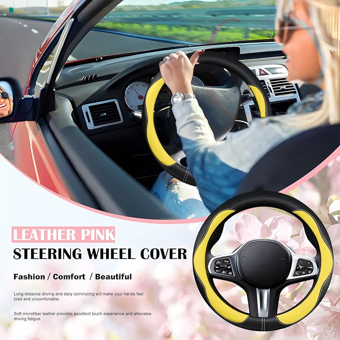 SuperKaKa Car Steering Wheel Cover 2025, Universal Auto PU Cute Breathable Slip-Proof Comfort Imitation Leather Protector Cars Interior Accessories for Women Men Fit Most Vehicle (Yellow)