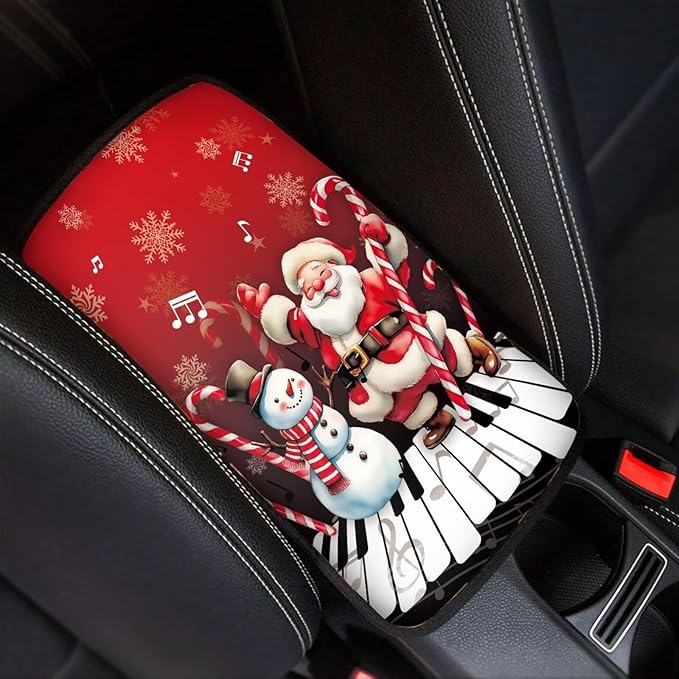 Santa Claus Snowman Xmas Universal Center Console Armrest Soft Pad Protector Cover Non Slip Fits for Most Vehicle,SUV,Truck Car Decoration