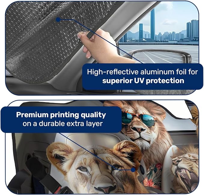 GENANY Lion Family Windshield Sun Shade for Car SUV Truck (55x30 Inches), Sun Shade Windshield, Shades for Front Windows, Protector Blocks UV, Spring Car Decor