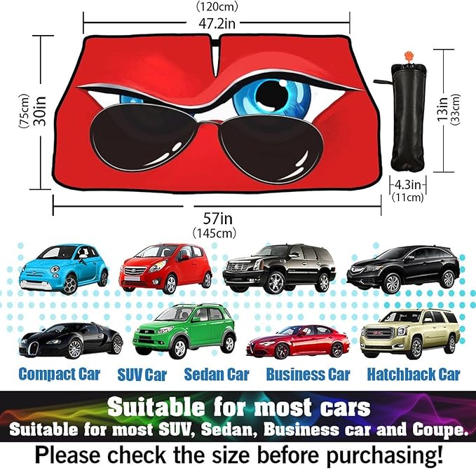 Funny Eye Print Car Sunshade Umbrella Retractable Sun Shade for Car Windshield Umbrella Heat Insulation Protection UV Block Front Window Covers for Auto Sedan SUV Pickup Windshield Sunshades