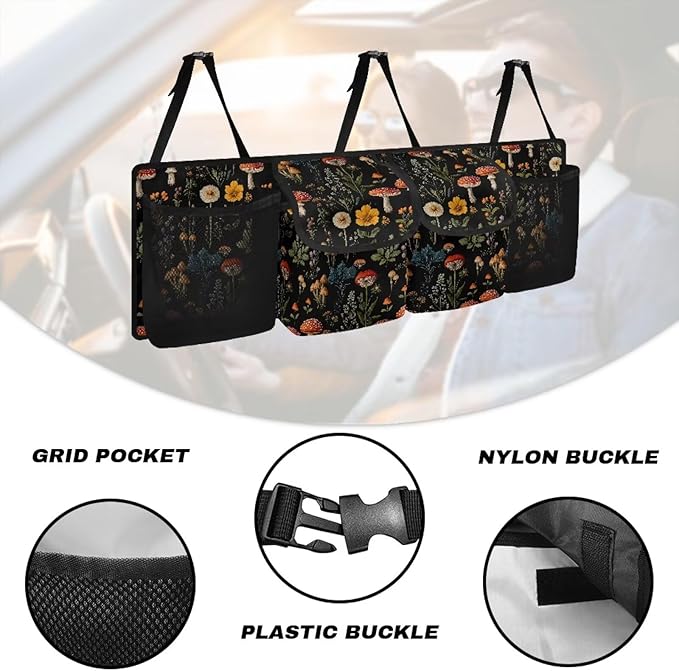 Mushroom Leaf Car Trunk Organizer, Auto Backseat Hanging Storage Bag with Adjustable Strap & 4 Pockets, Car Back Seat Cargo Bag, Car Interior Accessories