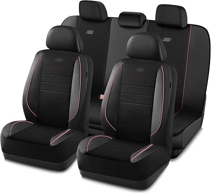 Skechers Air-Cooled Memory Foam Seat Covers,Mesh Thick Car Seat Covers,Piping Leather Car Seat Cover,Airbag Compatible,Automotive Comfort for Most Cars, Vans, Trucks, SUV(Pink, Full Set)