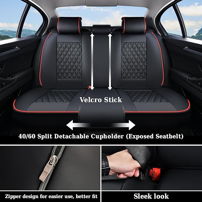 Coverado Full Set Car Seat Covers, Luxury Faux Leather Waterproof Seat Covers, 5-Seat Universal Fit, Front & Back Car Seat Protectors,Leather Seat Covers for Most Cars-Black & Red Line