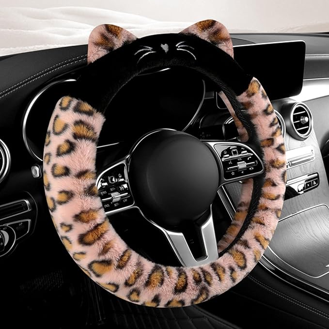 Dotesy 3D Ear Furry Cheetah Car Steering Wheel Cover Set Fluffy Faux Wool Steering Wheel Protector Leopard Anti-Slip Soft Warm Car Accessories for Women (Pink Brown)