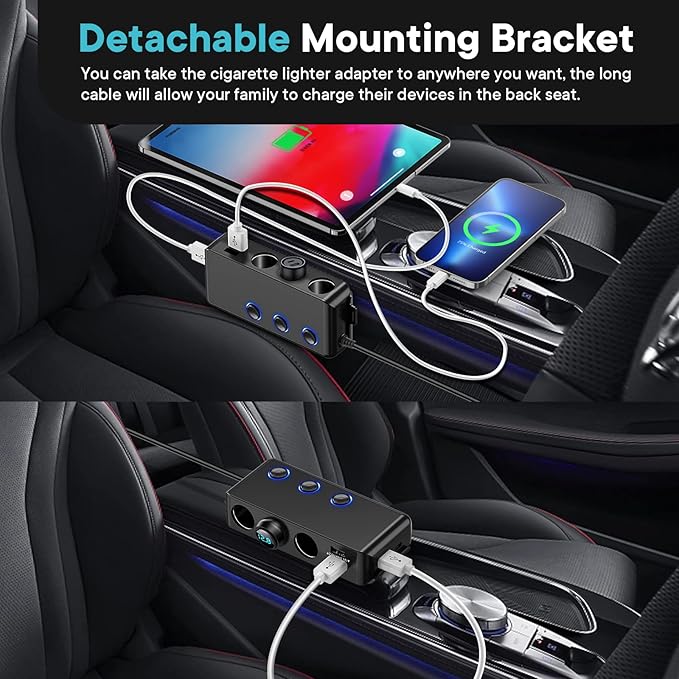 Cigarette Lighter Adapter,Cigarette Lighter Splitter 3-Socket with PD 65W Port 8.5A 4 Car USB Charger Multi Port 120W 24V/12V Splitter DC Outlet with Voltage Display, Car Accessories