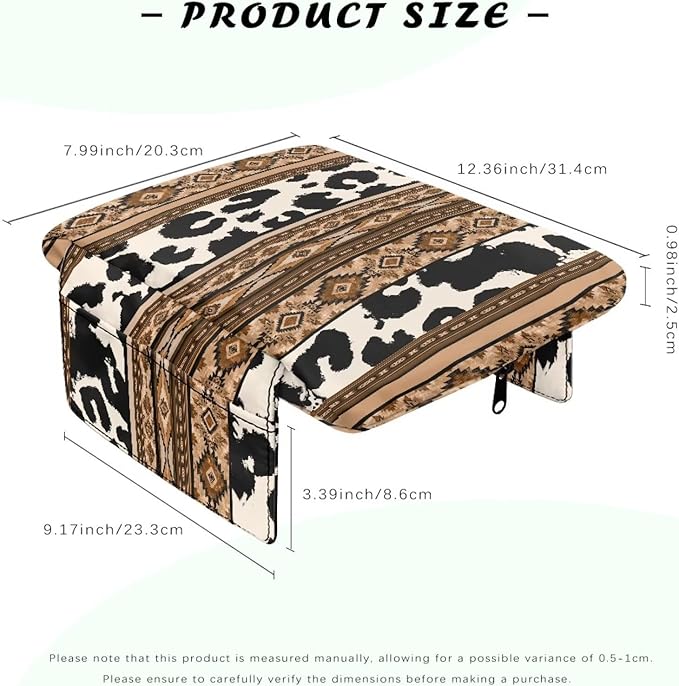 Tupalatus Aztec Car Armrest Cover Breathable Cow Print Armrest Cushion Cover Pad Waterproof for Car Center Console Replacement with Storage Bags Fit for Most Vehicle, SUV, Truck