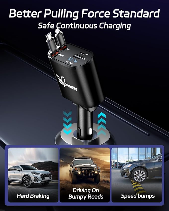 DreamBee Retractable Car Charger,66W 4 in 1 Super Fast Charge Car Phone Charger,Retractable Cables (31.5 inch) and 2 USB Ports Car Charger Adapter for iPhone 17/16/15/14/13/12 Pro Max XR,iPad,Samsung