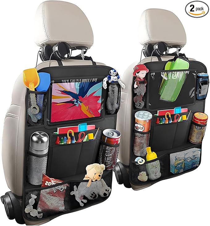 2PCS Car Backseat Organizer, Oxford Car Back Seat Protecter Kick Mat with Touch Screen Tablet Holder, Waterproof Automotive Seatback Storage Bag with Multi Functional Pockets (Regular Style)
