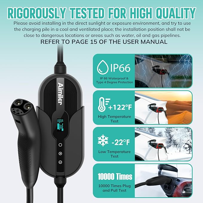 AIMILER Level 1/2 Tesla Charger, 16A, 25ft Cable ETL Certified, 240V NEMA 6-20P Plug & 110V 5-15P Adapter Cable, Portable Electric Car EV Charger for Tesla Models Y/X/3/S or Other Nacs EVs (Black)