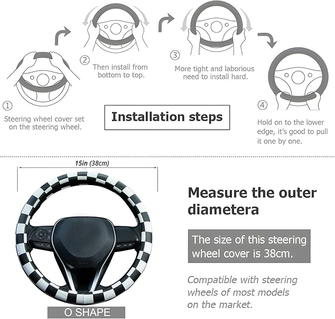 Black and White Race Checkered Steering Wheel Cover Auto Leather Steering Wheel Protector, Anti-Slip, Breathable, Absorbing Sweat, Universal Car Accessories 14.5–15 inch,Fit for Most Car, Trucks, SUV
