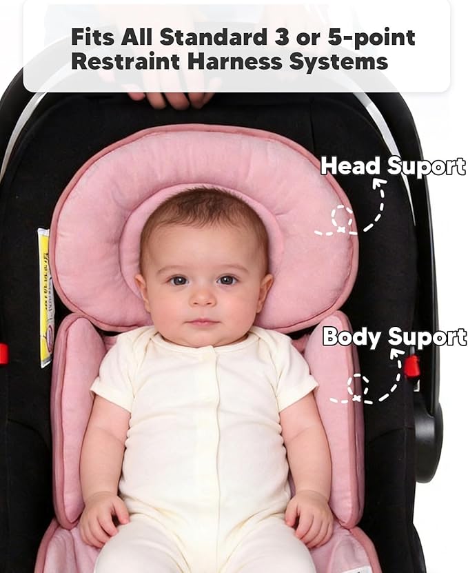 Infant Car Seat Insert for Newborn Girls Boys, 3 in 1 Reversible Cushion for Carseat with Strap Pads Buckle Cover Extra Soft Carseat Support Pad for All Season, Pink