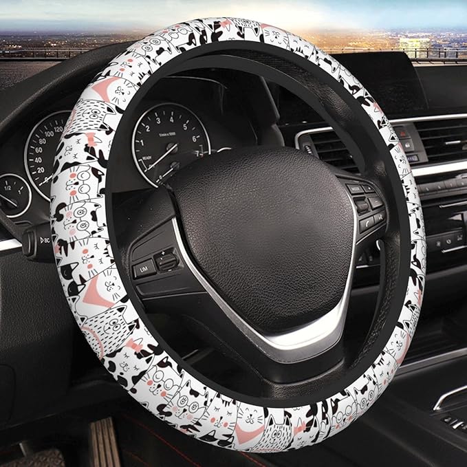 Black and White Cat Steering Wheel Cover Women Men Pink Elastic Stretch Soft Car Wheel Protector Universal Breathable No-Slip Car Accessories for Truck Van SUV Auto Fit 14-15 Inches