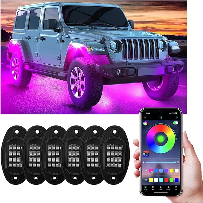 Ohleats Rock Lights for Car, Multi Color RGB LED Rock Lights Kit with APP Control & Music Mode, Waterproof Underglow Rock Neon Light for Pickup Truck SUV, Car Accessories (6 Pods)