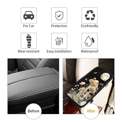Moon and Stars Mushrooms Snails Car Auto Armrest Cushion Cover Accessories Center Console Seat Box Pad Protector Universal Decoration for Most Vehicle SUV Truck