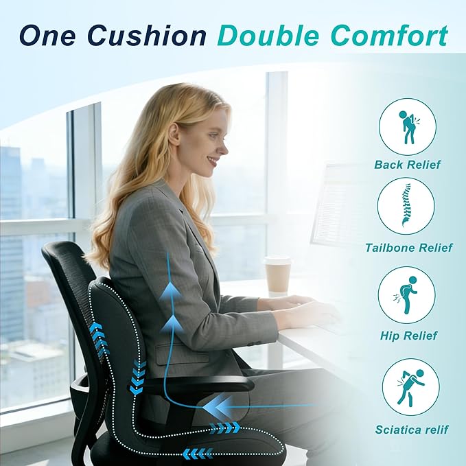 Seat Cushion for Office Chair and Car, Lumbar Support Pillow for Office Chair, Memory Foam Ergonomic Seat Cushion for Long Sitting, Back & Tailbone Pain, Sciatica - Dark Gray