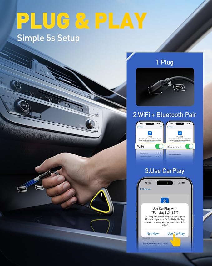2027 Mini CarPlay Wireless Adapter for Apple, Upgrade Factory Wired Carplay to Wireless CarPlay Adapter, No Latency for iPhone iOS 10+ and Cars from 2015+, USB & Type-C, Plug & Play