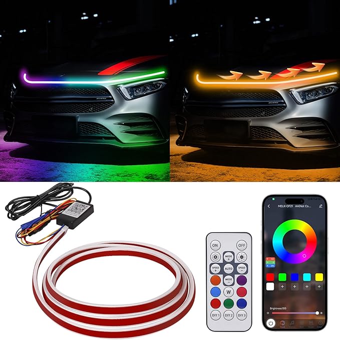 79 Inches RGB Multicolor Dynamic Scanning Starter Hood Lights, Car LED Hood Light Strip, Exterior Flexible Headlight Waterproof Daytime Running Lamps Strips (1 Set)