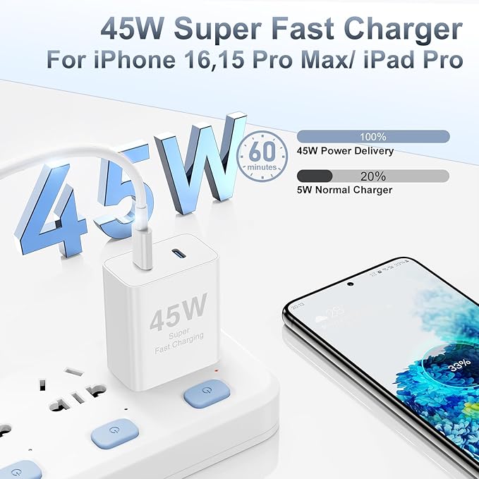 𝟐𝐏𝐚𝐜𝐤 𝟰𝟱𝗪 Dual Port iPhone 17 16 15 Fast Charger, USB C Charging Block and 10ft Type C to C Cable Cord Long for Apple iPhone 17 Pro Max/17 Air/16 Pro/15 Plus/iPad/Air/Mini,Wall Plug Cube Brick
