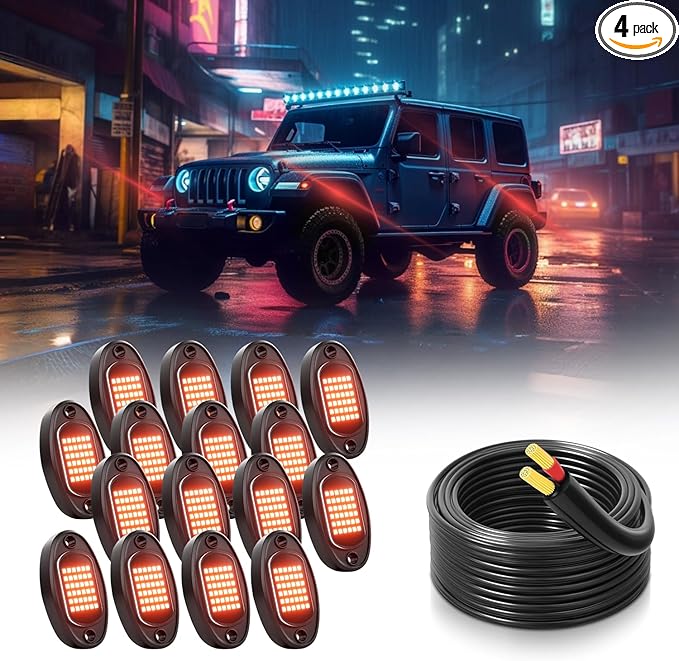 GSRECY Rock Lights Ultra Bright LED Neon Underglow Lights Waterproof for Trucks Pickup SUV UTV ATV RZR Car Boats Motorcycle (Red, 16 Pods+ 33ft Wire Harness)