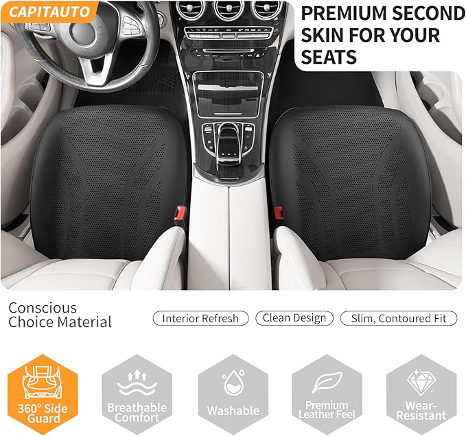 CAPITAUTO 1 Piece Front Seat Covers Perforated Faux Leather Bottom Car Seat Covers Front Seats only, Super Breathable Anti-Slip,Universal Full Wrapping Edge Fit for Most Sedans SUV Pick-up (Black)