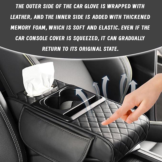 Car Armrest Cushion, 5 in 1 Center Console Cover with 2 Cup Holders, Phone Holder, Tissue Holder, Storage Bag, Multifunctional Leather Heightened Car Armrest Cushion for Most Cars