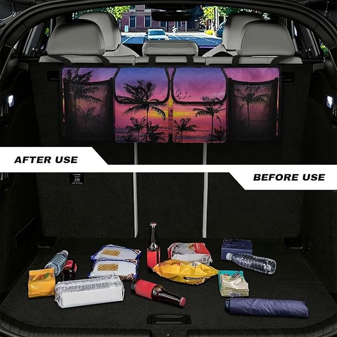 Purple Sunset Palm Hanging Trunk Organizer for SUV Back Seat Organizer with Elastic Net Collapsible Cargo Storage Bag Car Interior Accessories