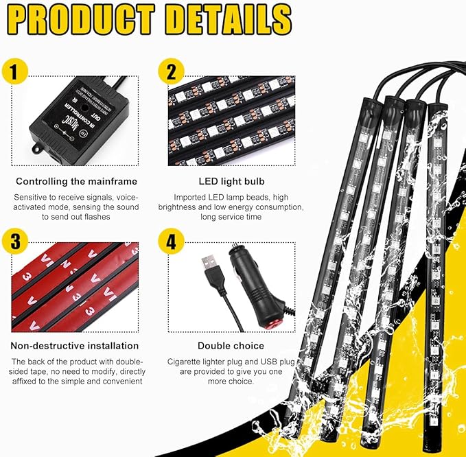 povtii Car Led Interior Lights, RBG 48 LED Multicolor Music Auto Interior Strip Light with Remote Control, Waterproof Lighting Lamp Kit Under Dash with Charger, Car Accessories (USB)