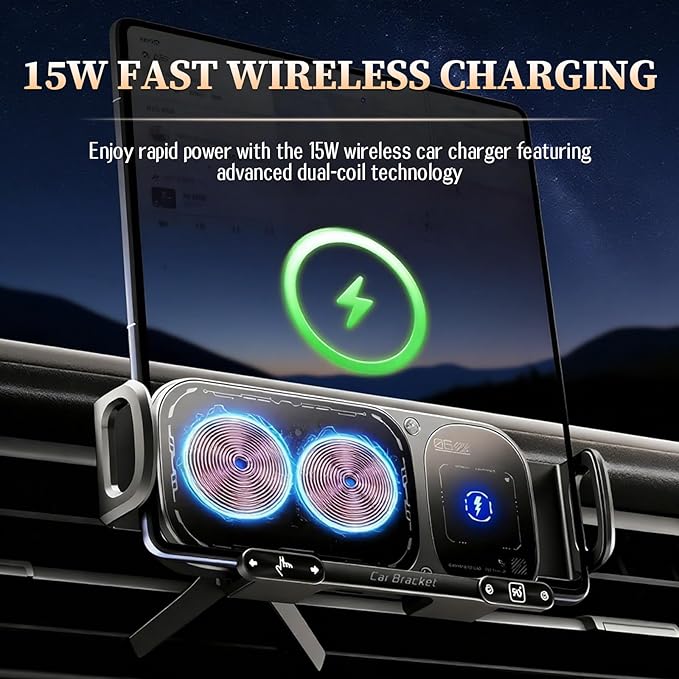 Wireless Charging Rotating Car Mount, High Intelligent 2 in 1 Auto Rotating Phone Holder, One-Click Rotation & Clamping,Car Charger Fast Charging,Universal Phone Holder for Smartphone/Pad (Black)