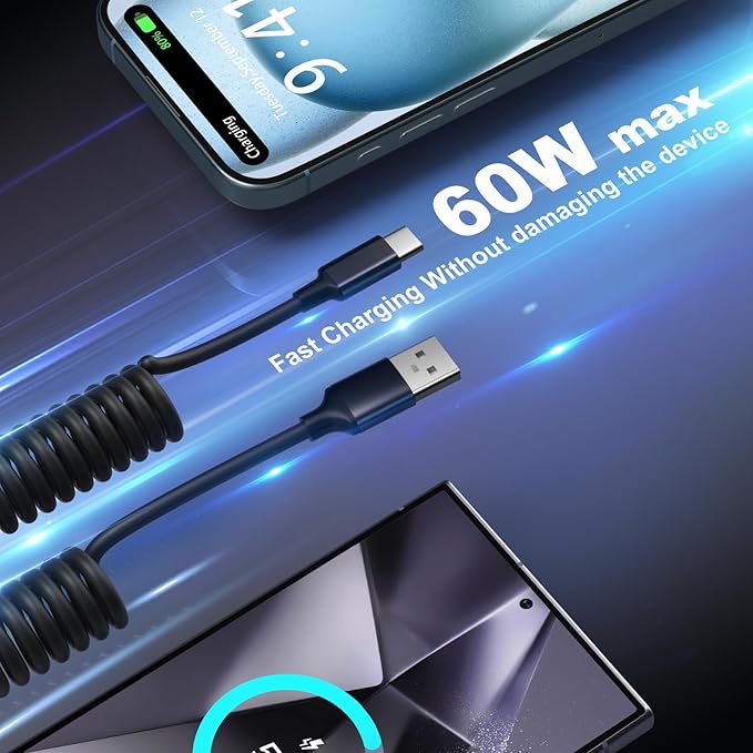 65W USB C Car Charger with Retractable Coiled USB C Cords, OKRAY 4-Port Car Charger PD30W&QC3.0 Fast Charging 12v Cigarette Lighter Adapter for iPhone 17 Air 16e 15 16 Pro, Samsung Galaxy S25 S24 A16
