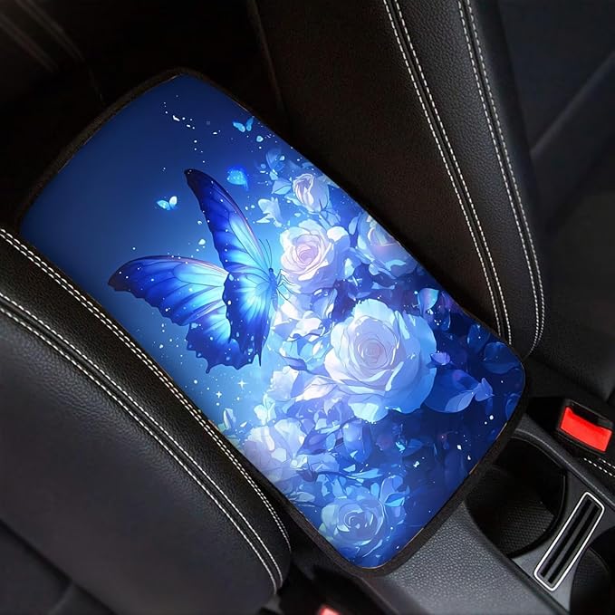 Blue Flower Butterfly Universal Center Console Armrest Soft Pad Protector Cover Non Slip Fits for Most Vehicle,SUV,Truck Car Christmas Decoration