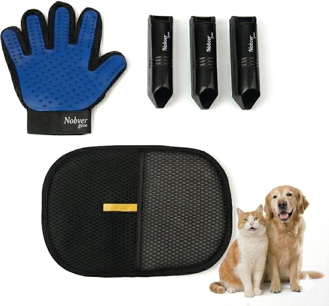 Pet Hair Remover & Shedding Solution: 5-Piece Complete Kit with Dog Grooming Glove, Furniture Cleaner Pad, and 3-Pack Washable Reusable Lint Rollers - Ideal for Home, Clothes, Carpet