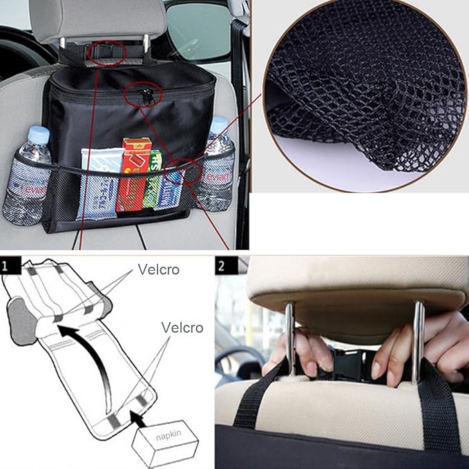 Car Seat Back Organizer, Auto Back Seat Hanging Insulation Multi- Pocket Travel Storage Cooler Bag Heat-Preservation Insulated Wrap Bottle Bag with Mesh Pockets