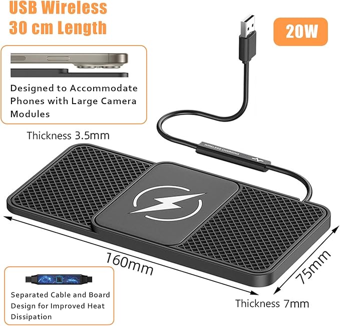 Wireless Car Phone Charger for Honda Civic Type R (FK2) 2015 – 2017, Type C/USB 20W Fast Charging Pad, Non-Slip Charging Station for Travel Home Office Desk, Lightweight, USB