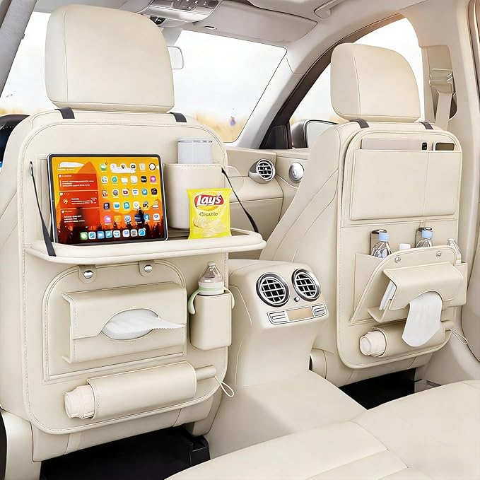 2 Pack Universal Premium Leather Foldable Car Backseat Organizer with Table Tray, Car Seat Back Protector with Garbage Bag Touch Screen Pad Holder, Car Kick Mats with Tissue Box (Beige)