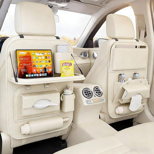 2 Pack Universal Premium Leather Foldable Car Backseat Organizer with Table Tray, Car Seat Back Protector with Garbage Bag Touch Screen Pad Holder, Car Kick Mats with Tissue Box (Beige)