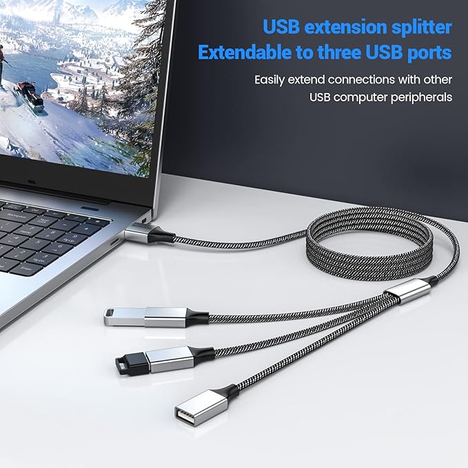 MOGOOD 3 in 1 USB Splitter Cable 2M, USB 2.0 Hub 1 Male to 3 Female Extension Cord, Multiport Adapter for Charging & Data Transfer, Compatible with Laptop, Mac, PC, PS4, Xbox, Switch, TV