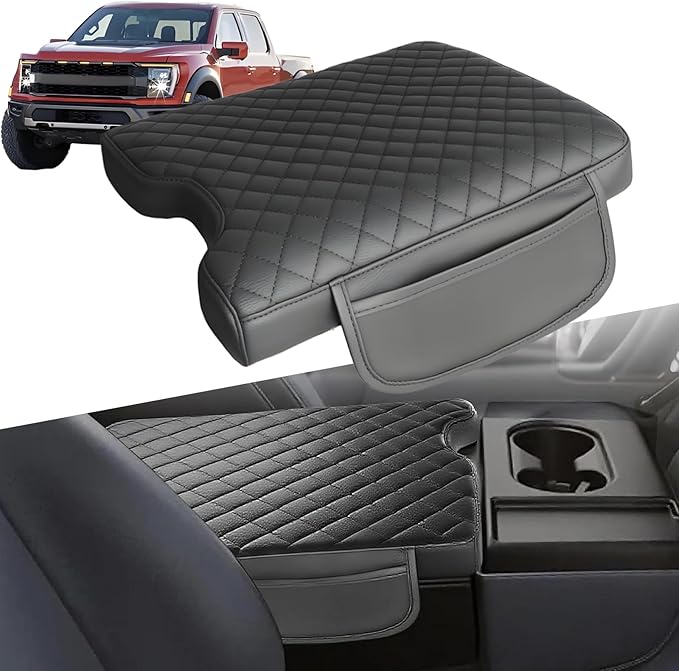 Center Console Cover for 2015-2025 Ford F150, 2017-2025 F250 F350 F450 with 40/20/40 (Jump Seat) Accessories, PU Leather Arm Rest Covers Lid Protector Seat Box Cushion Pad With Pockets Storage Bag
