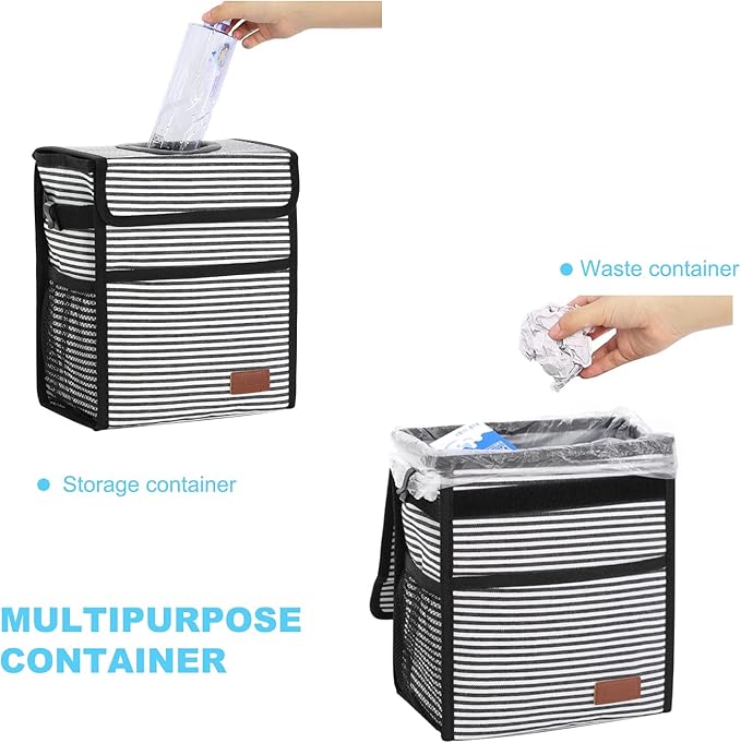 Femuar Leak Proof Car Trash Can With Lid - Waterproof Garbage Bag With Storage Mesh Pocket, Large/Stripe